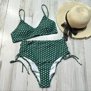 Green Polka Dotted Bikini Lace-Up Tie Sides High-Waisted Padded Cups V-Neck